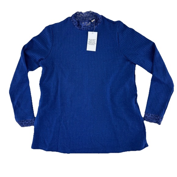Logo Lori Goldstein Sweaters - LOGO by Lori Goldstein Metallic Waffle Knit Mock Neck Top Sweater Small Blue